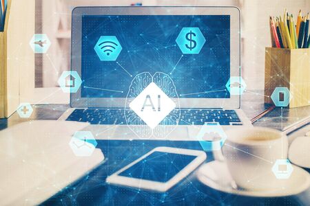 Double exposure of desktop with personal computer on background and tech theme drawing. Concept of data analysis.の写真素材