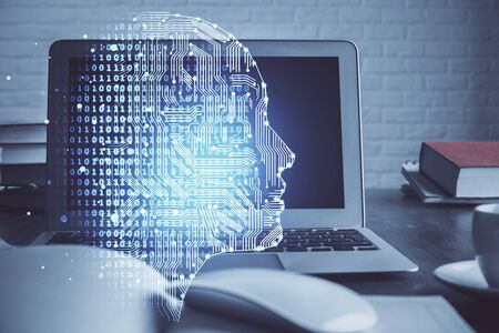 Multi exposure of work table with computer and brain hologram. Brainstorm concept.の写真素材