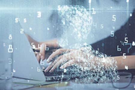 Multi exposure of woman hands working on computer and data theme hologram drawing. Tech concept.
