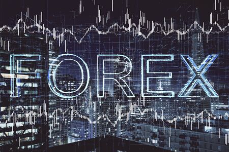 Financial graph on night city scape with tall buildings background multi exposure. Analysis concept.の写真素材