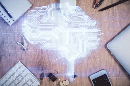 Double exposure of brain drawing over work table desktop. Top view. Global data analysis concept.の写真素材