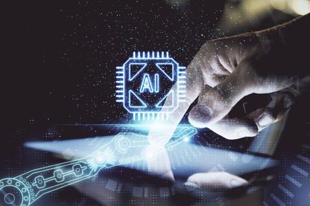 Double exposure of mans hand holding and using a digital device and data theme hologram drawing. Technology concept.の写真素材