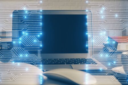 Computer on desktop in office with technology theme hologram. Multi exposure. Tech concept.