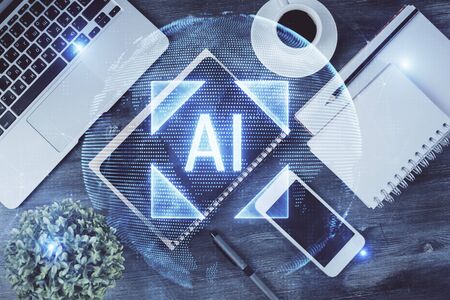 Double exposure of technology theme drawing over work table desktop. Top view. Global data analysis concept.の写真素材