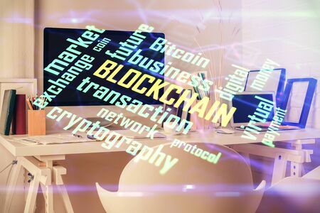Double exposure of crypto technology theme drawing and office interior background. Concept of blockchain.の写真素材