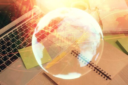 Double exposure of business theme drawing and desktop with coffee and items on table background. Concept of market tradingの写真素材