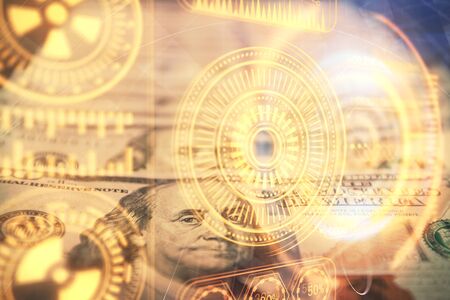 Double exposure of tech theme drawing over usa dollars bill background. Concept of technology.