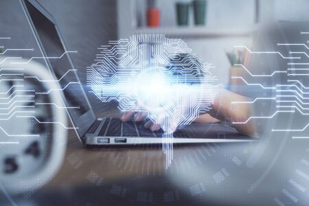 Multi exposure of woman hands working on computer and brain hologram drawing. Ai concept.