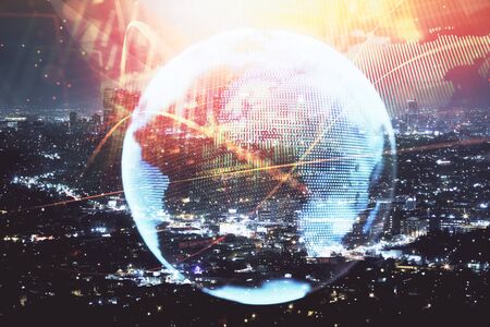 Double exposure of business theme hologram drawing and city veiw background. Concept of success.の写真素材