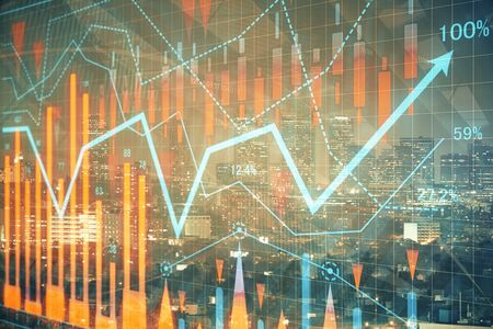 Financial graph on night city scape with tall buildings background multi exposure. Analysis concept.