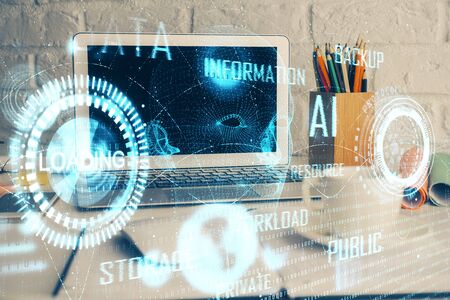Double exposure of desktop with personal computer on background and tech theme drawing. Concept of Bigdata.の写真素材