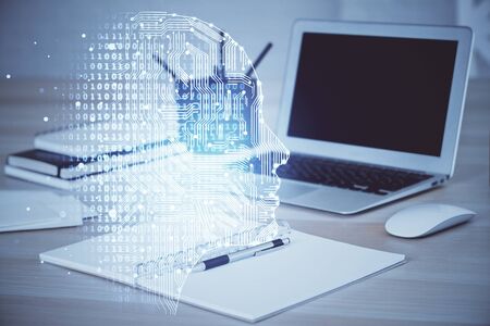 Multi exposure of work table with computer and brain hologram. Brainstorm concept.の写真素材