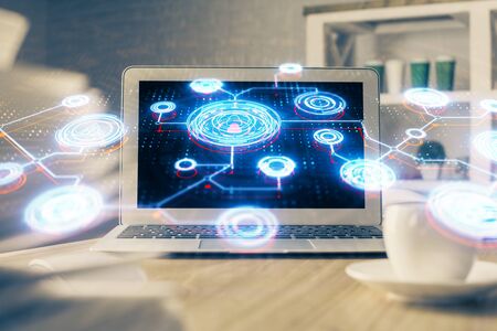 Computer on desktop with social network theme icon. Multi exposure. Concept of international connections.の写真素材