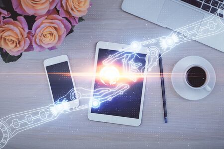 Multi exposure of technology theme drawing over work table desktop. Top view. Global data analysis concept.の写真素材