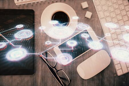 Double exposure of social network theme drawing over table with phone. Top view. People connecting concept.の写真素材