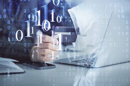 Double exposure of woman on-line shopping holding a credit card and data theme hologram drawing. E-commerce concept.の写真素材