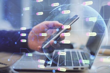 Multi exposure of mans hands holding and using a digital device and data theme drawing. Innovation concept.の写真素材