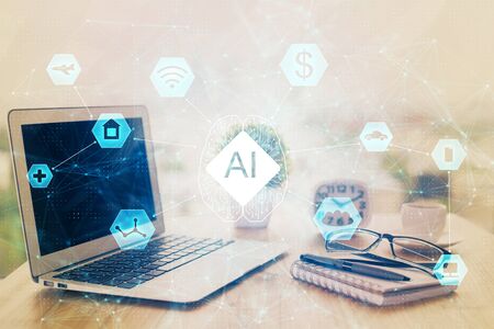 Double exposure of desktop with computer on background and tech theme drawing. Concept of big data.の写真素材