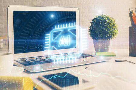 Multi exposure of desktop with personal computer and tech theme drawing. Concept of Bigdata.の写真素材