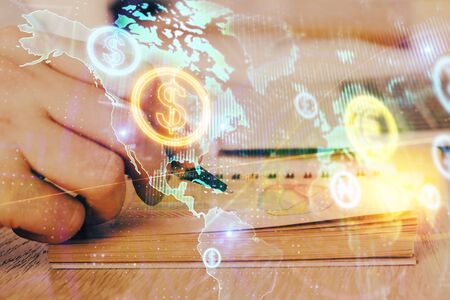 Multi exposure closeup hands with stock market forex graph. Concept of research and analysis.の写真素材