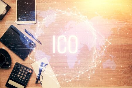 Multi exposure of crypto theme drawing and work table top veiw. Concept of blockchain technology in...