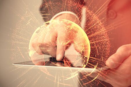 Double exposure of man's hands holding and using a phone and social network theme drawing.の写真素材