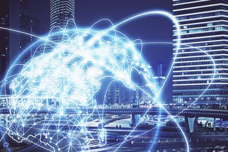 Double exposure of business theme hologram drawing and city veiw background. Concept of success.