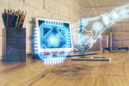 Double exposure of desktop with personal computer on background and tech theme drawing. Concept of data analysis.の写真素材