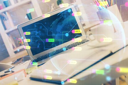 Double exposure of desktop with personal computer on background and tech theme drawing. Concept of data analysis.の写真素材