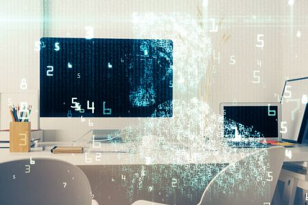 Double exposure of desktop with personal computer on background and tech theme drawing. Concept of...