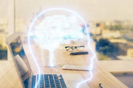 Multi exposure of work space with computer and human brain hologram. Brainstorm concept.の写真素材