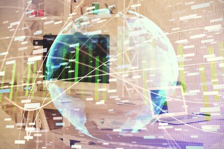 Double exposure of business theme drawing and office interior background. Concept of successの写真素材