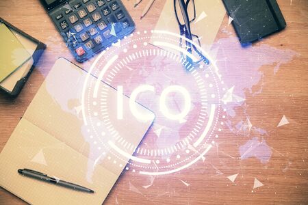 Multi exposure of crypto theme drawing and work table top veiw. Concept of blockchain technology in business.の写真素材