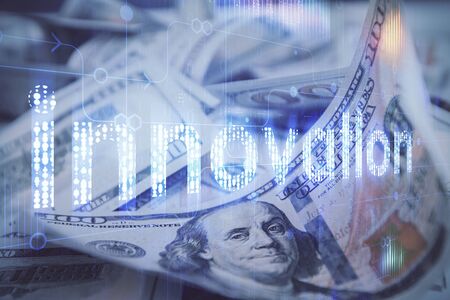 Double exposure of data theme drawing over us dollars bill background. Technology concept.の写真素材
