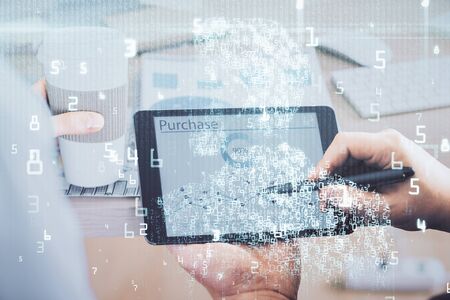 Multi exposure of mans hands holding and using a digital device and data theme drawing. Innovation...