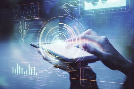 Double exposure of technology sketch hologram and woman holding and using a mobile device. Ai...