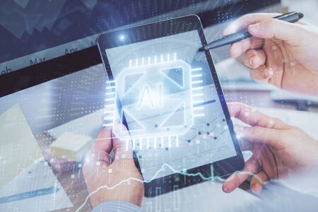 Multi exposure of mans hands holding and using a digital device and data theme drawing. Innovation...