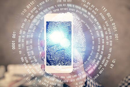 Double exposure of mans hands holding and using a digital device and fingerprint hologram drawing....