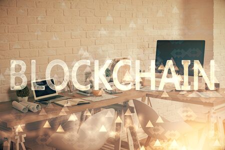 Double exposure of crypto technology theme drawing and office interior background. Concept of blockchain.の写真素材