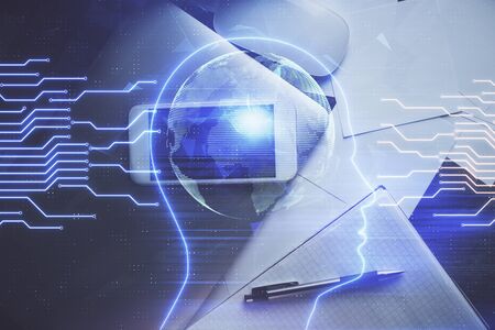 Double exposure of brain drawing over work table desktop. Top view. Global data analysis concept.