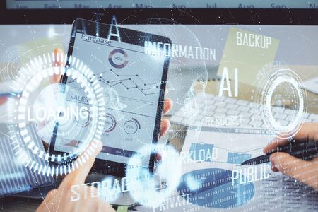 Multi exposure of mans hands holding and using a digital device and data theme drawing. Innovation concept.の写真素材