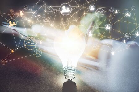 Social network theme hologram over womans hands writing background. Concept of international people connect. Double exposureの写真素材