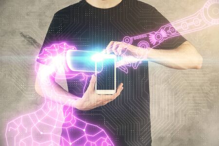 Double exposure of mans hands holding and using a digital device and AR glasses drawing. Virtual reality concept.の写真素材