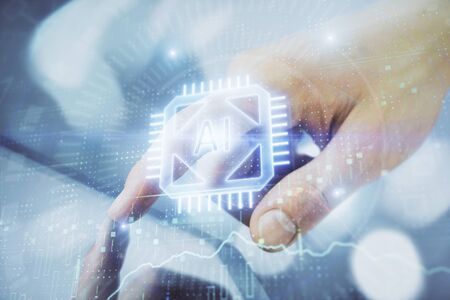 Multi exposure of mans hand holding and using a digital device and data theme drawing. Innovation...
