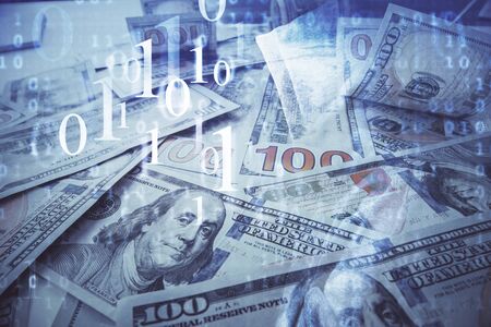 Double exposure of data theme drawing over us dollars bill background. Technology concept.