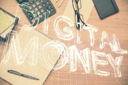 Multi exposure of crypto theme drawing and work table top veiw. Concept of blockchain technology in business.の写真素材