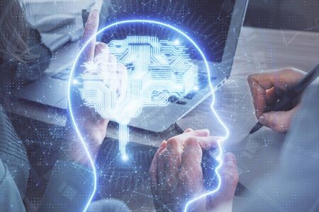 Double exposure of man and woman working together and brain drawing hologram. Intellectual...