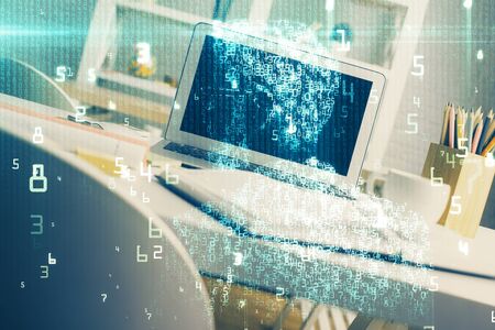 Double exposure of desktop with personal computer on background and tech theme drawing. Concept of...