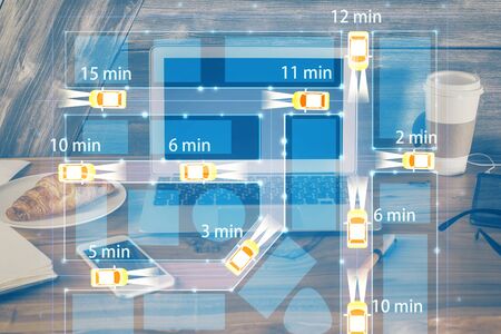Desktop computer background in office with automobile hologram drawing. Multi exposure. Tech...