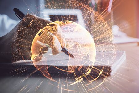 Social network theme hologram over womans hands writing background. Concept of international people connect. Double exposureの写真素材